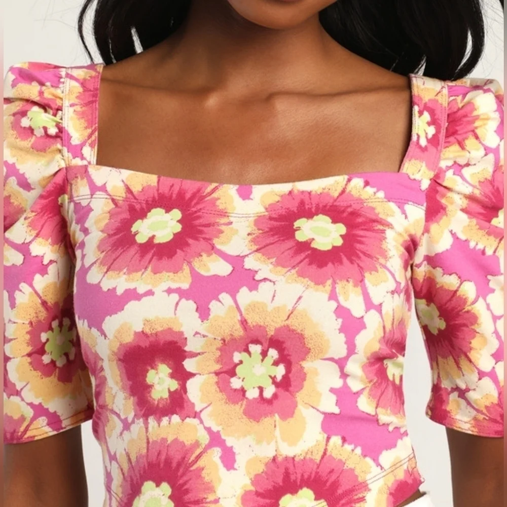 Free People Give Me More Pink Multi Floral Half Sleeve Crop Top Crisscross Back